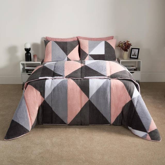OHS Teddy Geometric Coverless 10.5 Duvet & Pillowcases, Blush - Double - Pink