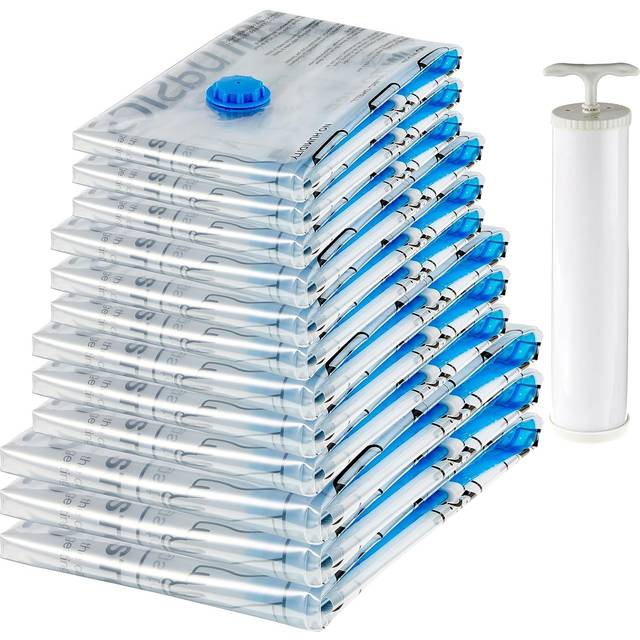 Amazon Basics Vacuum Compression Zipper Storage Bags with Airtight Valve and Hand Pump, 3x (Jumbo, Large, Medium, Small), 12-Pack, Multiple, Clear