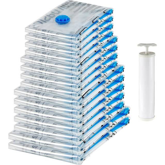 Amazon Basics Vacuum Compression Zipper Storage Bags with Airtight Valve and Hand Pump 15-Pack 2x X-Jumbo 5x Jumbo 4x (Large, Medium) Multiple Clear