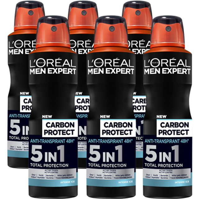 L'Oréal Men Expert Deodorant för män, 5-i-1 deodorantspray mot lukt, fukt, bakterier och vita rester för upp till 48 timmars friskhet, kolskydd, 6 x 150 ml