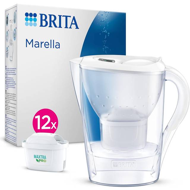 BRITA Marella vit filterkanna (2,4 l) inkl. 12 patroner vattenfilter kran MAXTRA PRO All-in-1 reducerad PFAS,kalksten, klor, vissa föroreningar och metaller tidsindikator, miljöförpackning