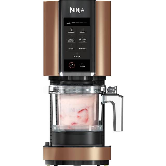 Ninja CREAMi glass- och frysta dessertmaskin med 3 behållare, 7 program för glass, gelato, sorbet, smoothiebowl, milkshakes och mer, lagar 1,4 liter glass, svart & koppar, NC300EUCP