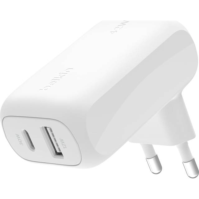 Belkin BoostCharge 42 W väggladdare med två portar, USB-C + USB-A snabbladdning för iPhone 15, 15 Plus, 15 Pro, 15 Pro Max, 14, 14 Pro Max, 13, Galaxy S24, S23, Plus, Ultra, iPad, AirPods, m.fl. - Vit