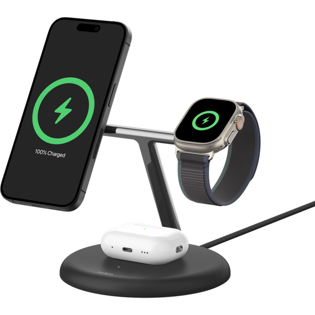 Belkin 3-i-1 trådlöst laddningsställ med magnetisk MagSafe-kompatibel Qi2 15 W, Trådlös snabbladdning av kompatibla iPhone 13, 14, 15 och 16, AirPods, Apple Watch m.fl (nätadapter medföljer) - Svart
