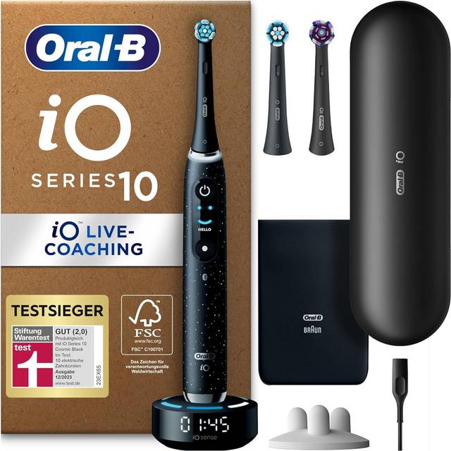 Oral-B iO Series 10 Plus Edition Elektrische Zahnbürste/Electric Toothbrush, PLUS 3 Aufsteckbürsten (inkl. 2x Sanfte Reinigung), 7 Modi für Zahnpflege, Lade-Reiseetui, Designed by Braun, cosmic black