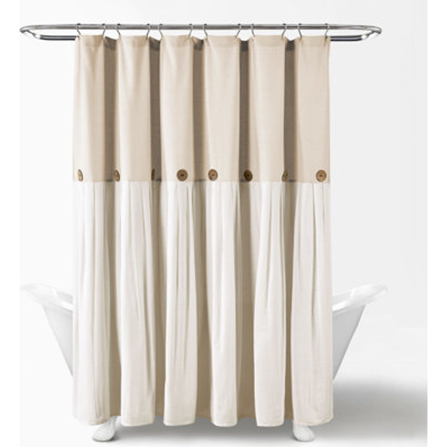 Lush Decor Linen Button Farmhouse Shower curtain Pleated Two Tone Desi