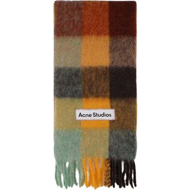 Wool mohair checked scarf chestnut brown/yellow/green