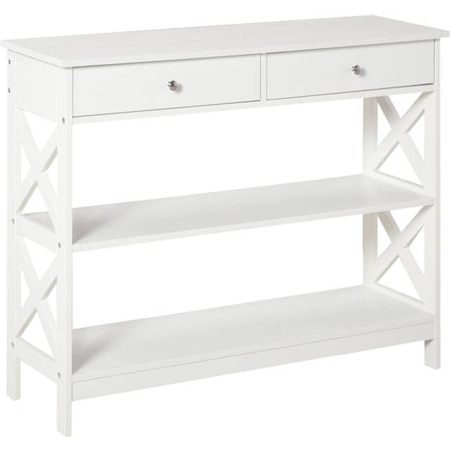 Console Table Side Desk w/ Shelves Drawers Open Top X Support Frame Living Room Hallway Home Office Furniture White