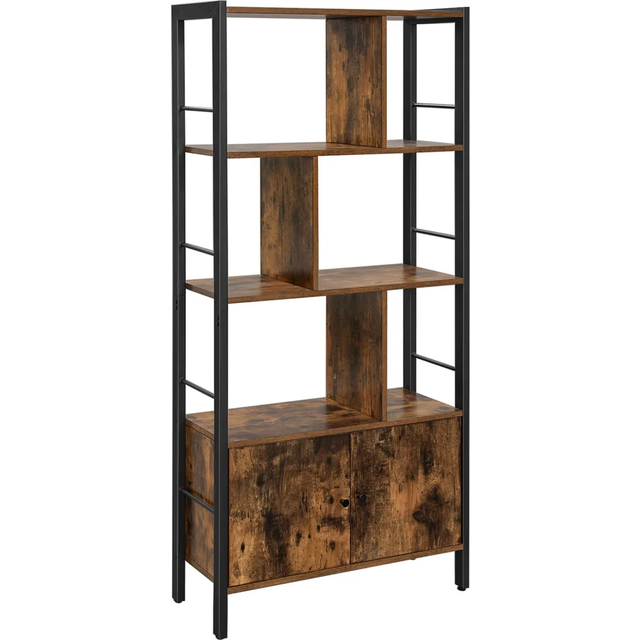 Vasagle Bookshelf With Doors and 4 Shelves - Rustic Brown and Ink Black, Brown