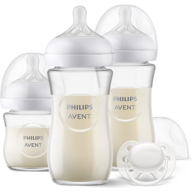 Avent Glass Baby Bottle Newborn Gift Set - 3 Baby Milk Bottles, Ultra-Soft Pacifier for Babies Aged 0-6 Months+ (Model SCD878/11)