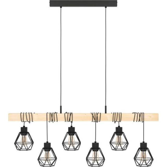 Eglo Pendant lighting Townshend 5, 6 light vintage hanging lamp in industrial design, retro ceiling light made of black metal and natural wood, FSC