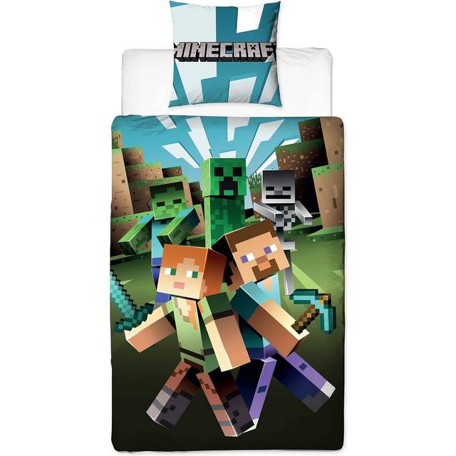 BERONAGE Minecraft Vändbara sängkläder City 135 x 200 cm 80 x 80 cm, 100 % bomull, linon/förstärkt kvalitet, barnsängkläder, Creeper TNT Zombie Crafting Enderman Skelett Enderdrake, 2 motiv dragkedja