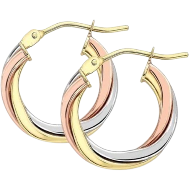 9ct Three Colour Gold 10mm Twisted Hoop Earrings ER524