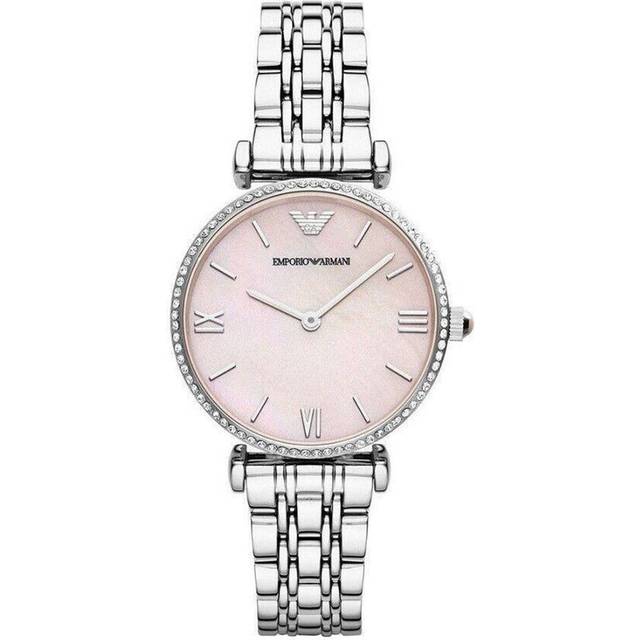 Emporio Armani Gianni T-Bar Pink Dial Stainless Ladies Watch AR1779 - Silver