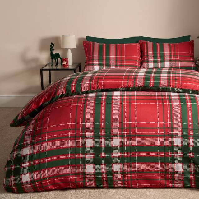 OHS Traditional Christmas Check Duvet Set, Red/Green - Double