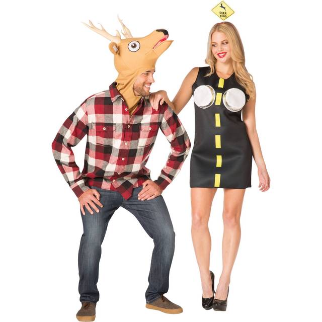 Couples Deer in Headlights Costume Set | Funny Halloween Costumes - Black&#47;Beige&#47;Yellow (One-Size)