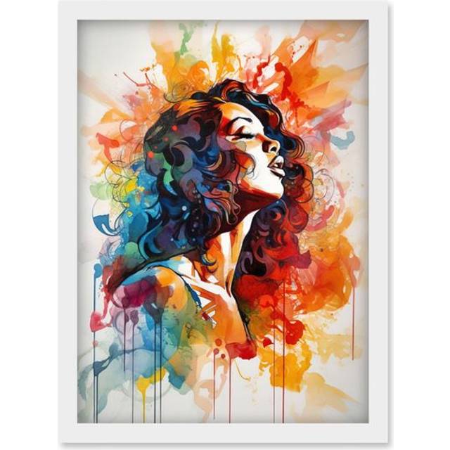 Woman with Synesthesia Listening to Rainbow Colour Music Modern Watercolour Painting Artwork Framed Wall Art Print A4 - White - One Size