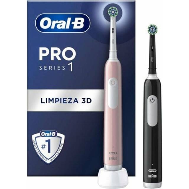 Oral-B PRO Series 1 elektrisk tandborste/elektrisk tandborste, dubbelpack, 2 borstar, 3 rengöringslägen och trycksensor för tandvård, designad av brun, rosa/svart