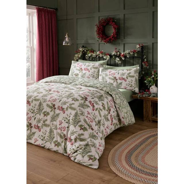 Dreams & Drapes Winter Sprigs Brushed Cotton Duvet Cover Bedding Set Green