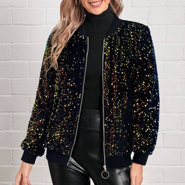 EMERY ROSE Women&#39;s Fashionable Sequin Baseball Collar Jacket For Autumn