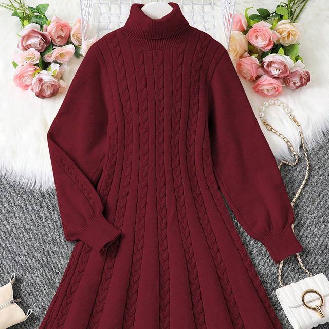 SHEIN Teen Girl Turtleneck Long Sleeve Cinched Waist A-Line Knitted Midi Dress For Autumn/Winter
