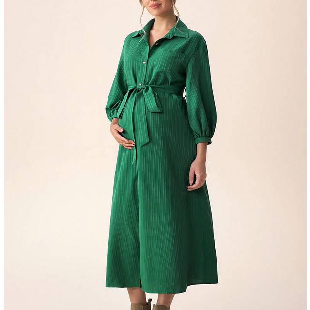 SHEIN Shirt Collar Puff Sleeve Button Front A-Line Maternity Dress, Straight Silhouette, Green, For Autumn