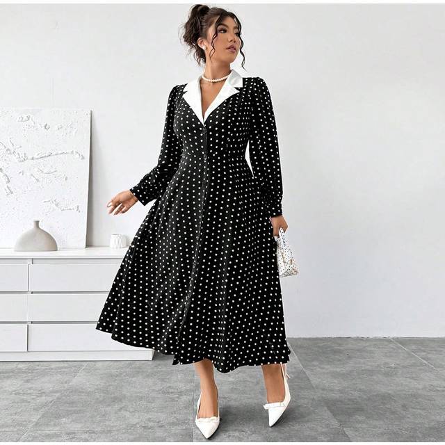 Elenzga Women&#39;s Turn-Down Collar Polka Dot Patchwork Waist Cinching Minimalist Long Dress Maxi Women Outfit