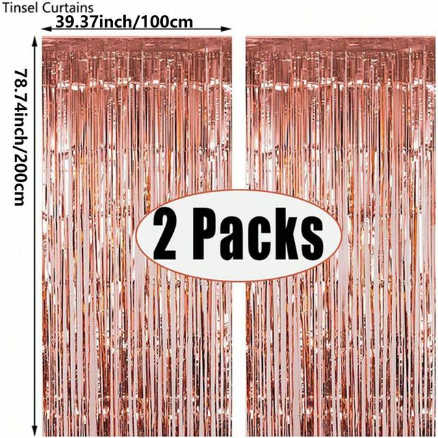 SHEIN 2/3/5 Sets Rose Gold Party Backdrops, Metallic Foil Fringe Metallic Tinsel Curtains, Birthday Party Wedding Decoration Supplies