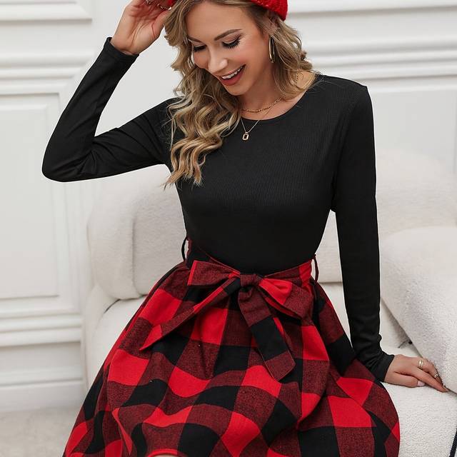 TEMU Women's Elegant A-line Dress With Belt, Gingham Print, Crew Neck, Polyester 100%, Woven Fabric, 120g/m² - Fashion For Adults