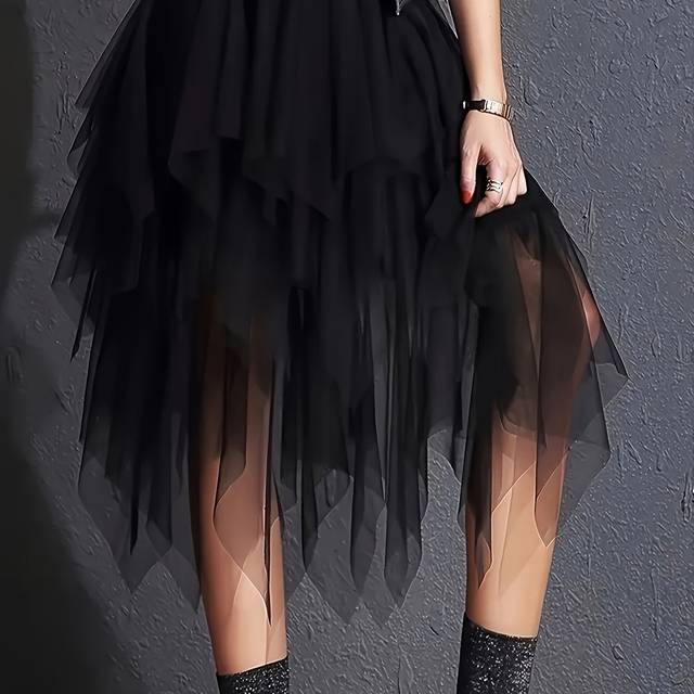 TEMU Elegant Black Mesh Overlay Skirt - High-waisted A-, Flowy Layered Tulle Skirt For Women, Spring/summer Fashion, Polyester Material, Loose Fit, Machine Washable