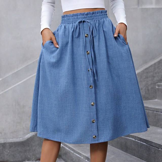 Easowa Women Blue Denim Effect A-Line Skirt, Loose Fit, For Autumn