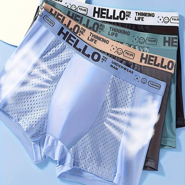 TEMU 4pcs Men's 'hello' Fashion Boxer Briefs - Breathable Mesh, Stretchy Polyester & Elastane Blend, Machine Washable