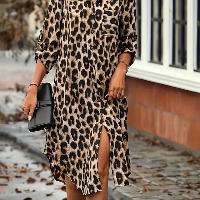TEMU Leopard Print Button Front Shirt Dress, Elegant Roll Up Sleeve Dress For Spring & Fall, Women's Clothing