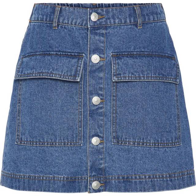 Pieces – Mellanblå, kort cargokjol i denim, del av set