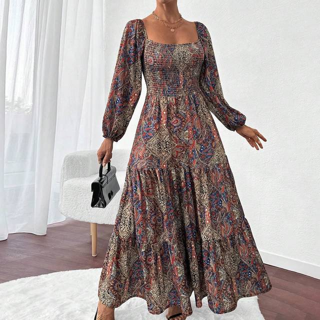 SHEIN All Over Printed Texture Fabric, Boho Style, Balloon Sleeve Maxi Dress