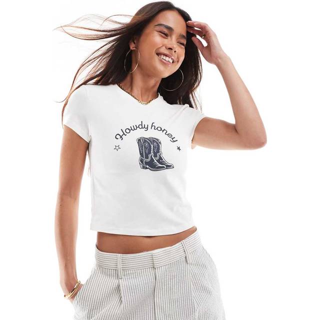 ONLY – Vit, liten t-shirt med cowboy-boots-tryck-Vit/a