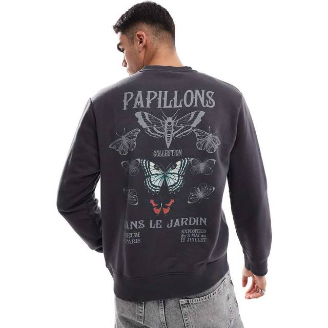 Jack & Jones – Mörkgrå sweatshirt i oversize med rund halsringning och Papillon-tryck baktill-Grå/a