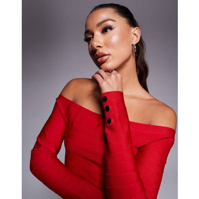 River Island – Mörkröd, ribbad topp med bardotringning