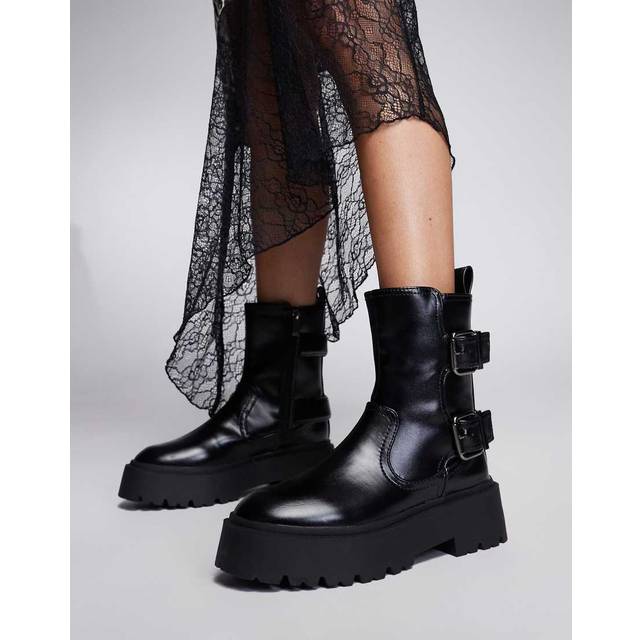 River Island Womens Black Double Buckle Chunky Biker Boots - 7