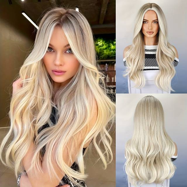 TEMU Woven Wigs 26-inch Natural Golden Curly Wave, High-density Tang Long Fiber Women's Wig With Middle Part, Cap, Versatile For All Users