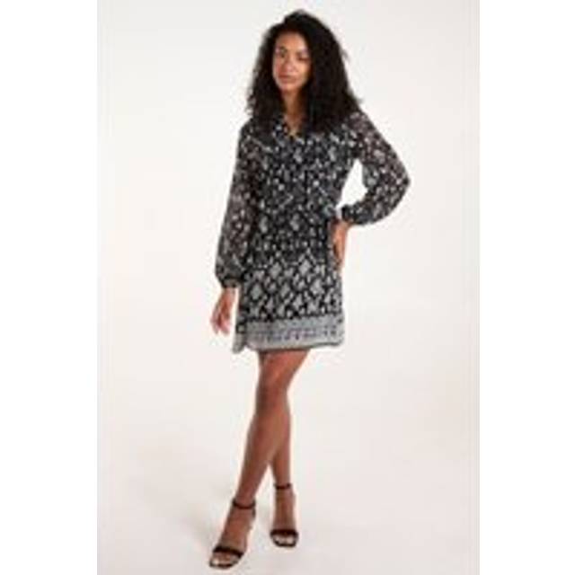 Blue Vanilla Black Pattern Tie Neck & Waist Mini Smock Dress