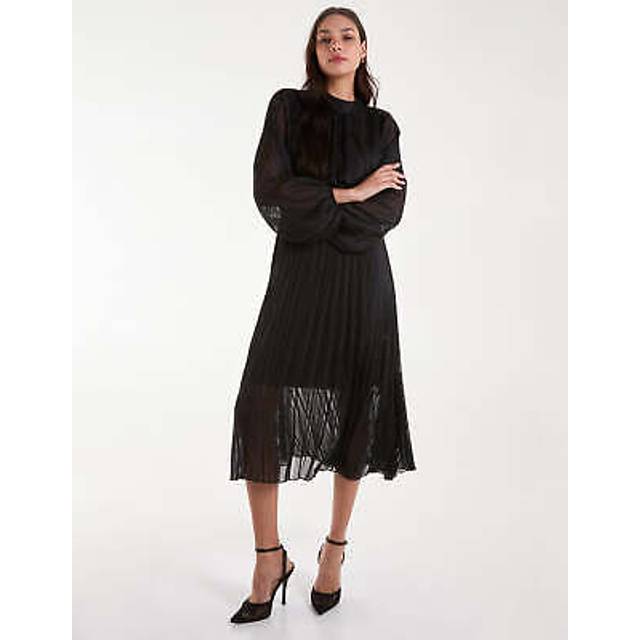 Womens Metallic High Neck Plisse Midi Dress - Black - M