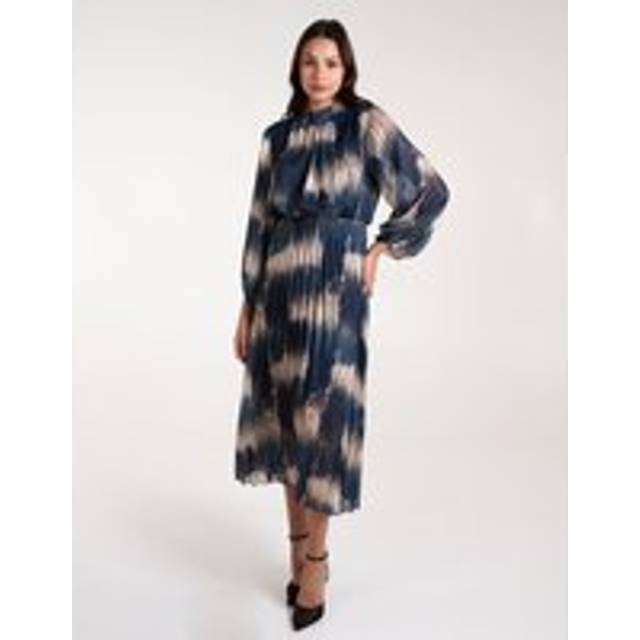 Womens High Neck Metallic Pleated Dress - Navy - M