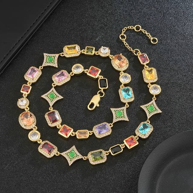 TEMU Iced Chics 10mm Quadrangle Synthetic Zirconia Necklace, Hip Hop Style Chain With 4 Claw Setting, Copper Base, 45cm+5cm Length