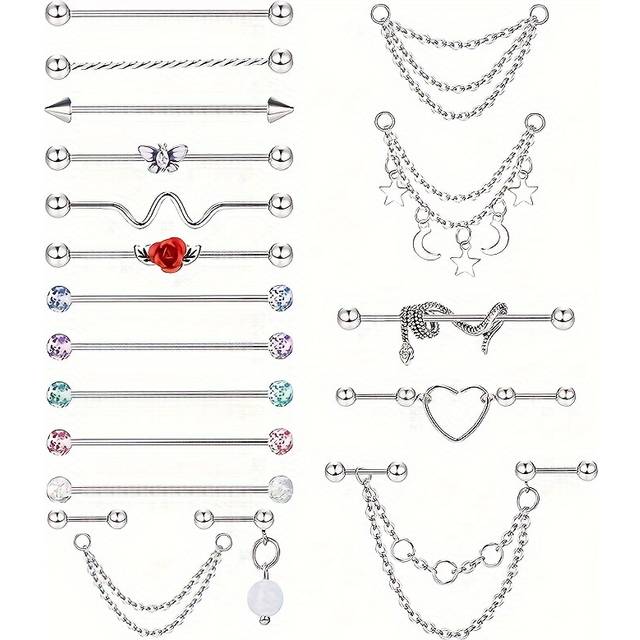 TEMU 19pcs Industrial Barbell Piercing Jewelry, Stainless Steel Industrial Earrings For Men, Snake Chain Dangle Cartilage Helix Piercing Jewelry