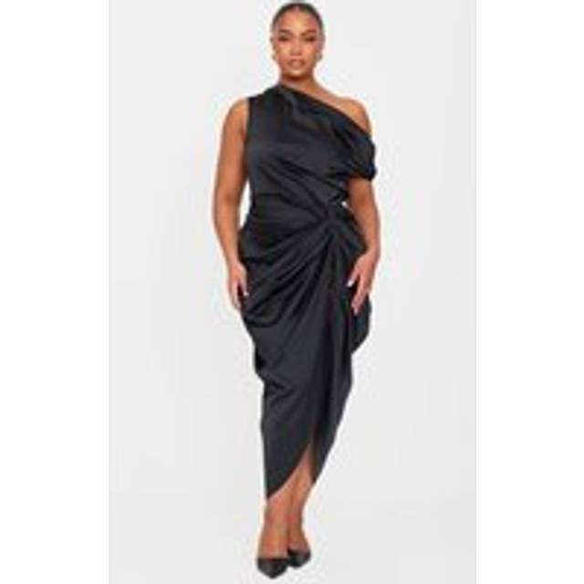 Plus Black Satin Off The Shoulder Draped Skirt Midi Dress, Black - 26