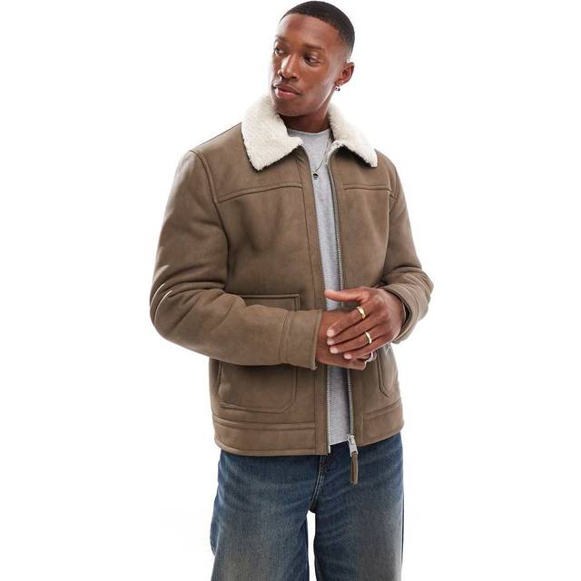 Mens River Island Beige Regular Fit Nubuck Shearling Jacket - XXL