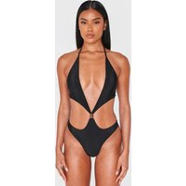 Black Extreme Cut Out Gold Trim Halter Tie Swimsuit, Black - 16