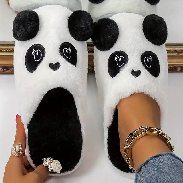 TEMU Cute Panda Cartoon Plush Slippers For Women - Cozy Winter Indoor House Shoes With Soft Fabric Upper, Warm Lining & Durable Tpr Sole, Black & White Animal Design, Cute Slippers