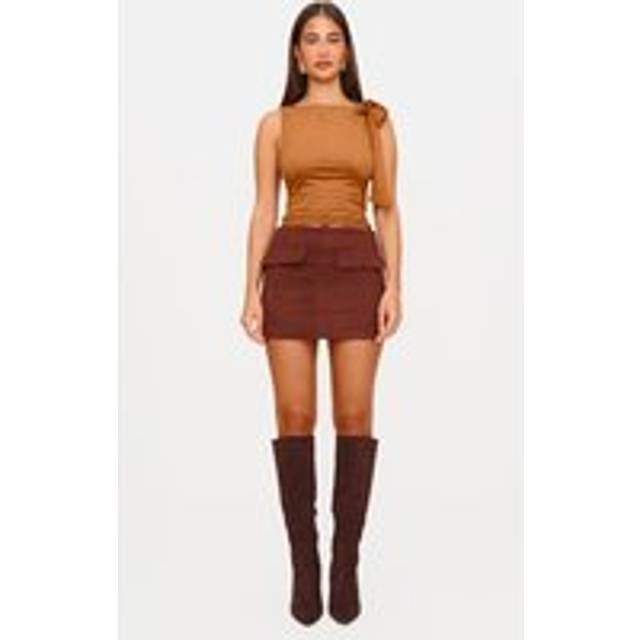 Chocolate Faux Suede Pocket Front Mini Skirt, Chocolate - 4